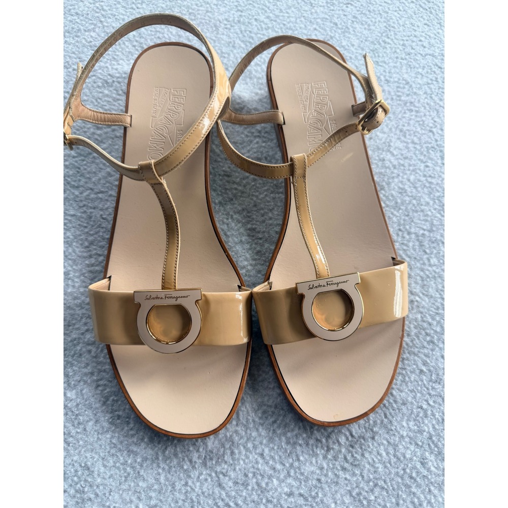 Salvatore Ferragamo Beige Patent Leather Gancini T-Strap Block Heel Sandals